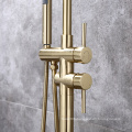 Gold Rounded Floor Mount Bathtub Faucet With Spray